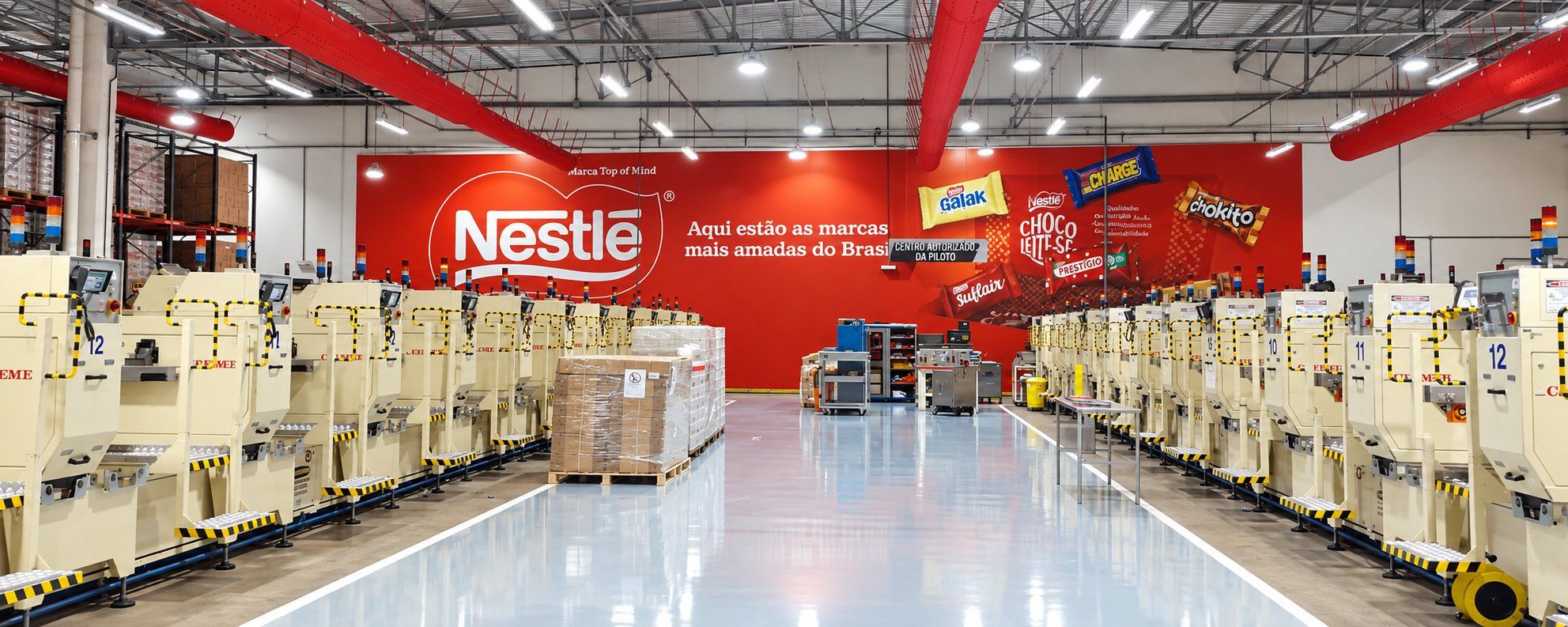 Salão de produção da Nestlé com parede vermelha de comunicação visual atrás das máquinas